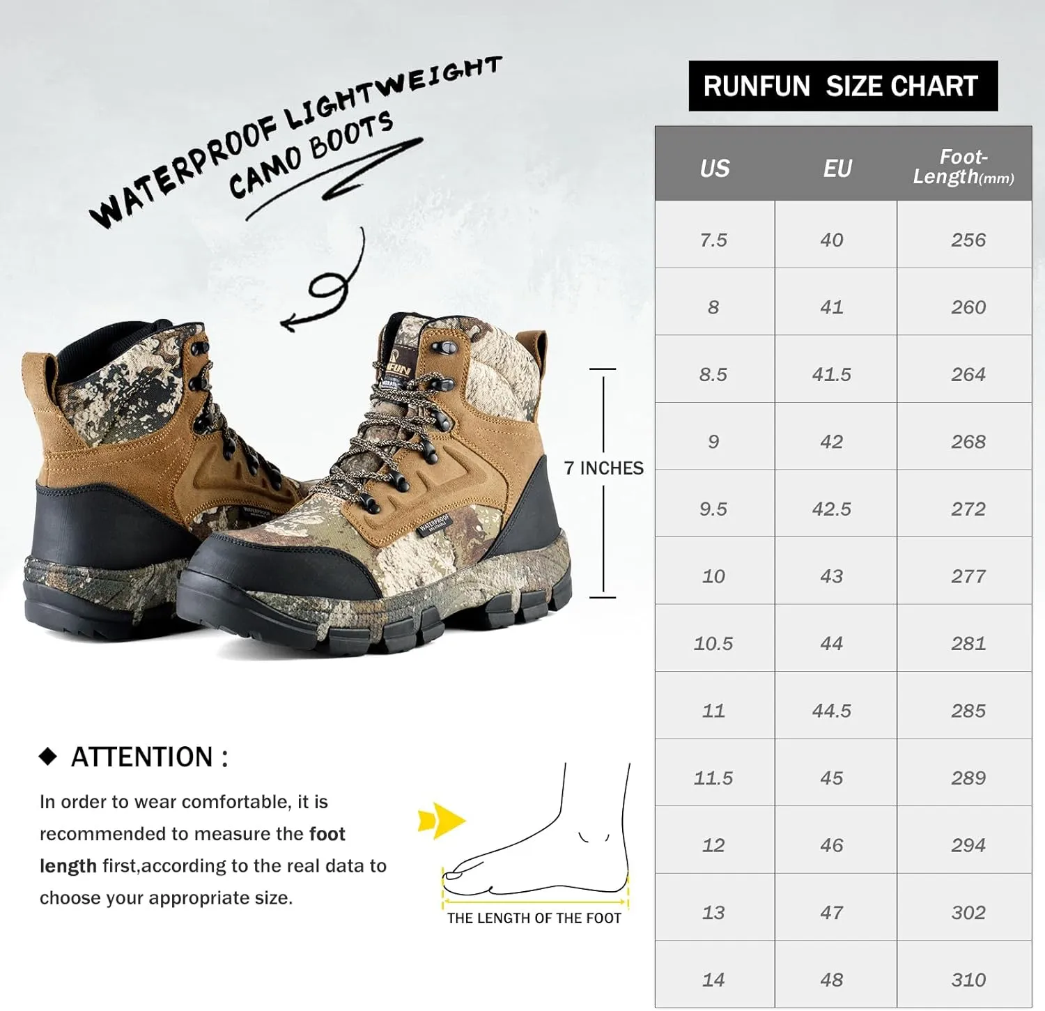 Men's Waterproof Hunting Boots 7" Lightweight Insulated Hiking Boot