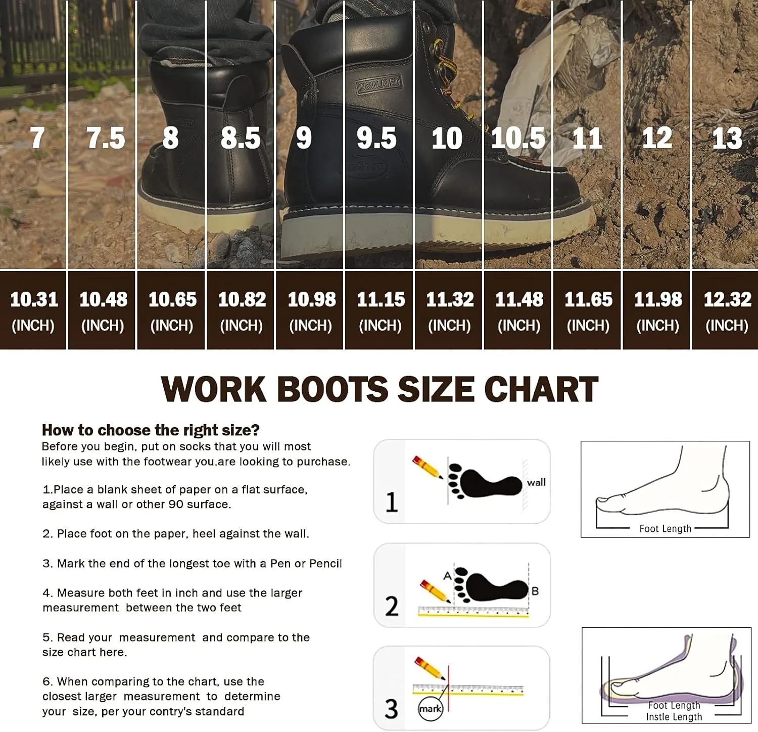 Men's Work Boot with Soft Toe - Waterproof & Slip Resistant 6 Inch Safety Boots for Construction,Rubber Sole Lightweight Working Botas