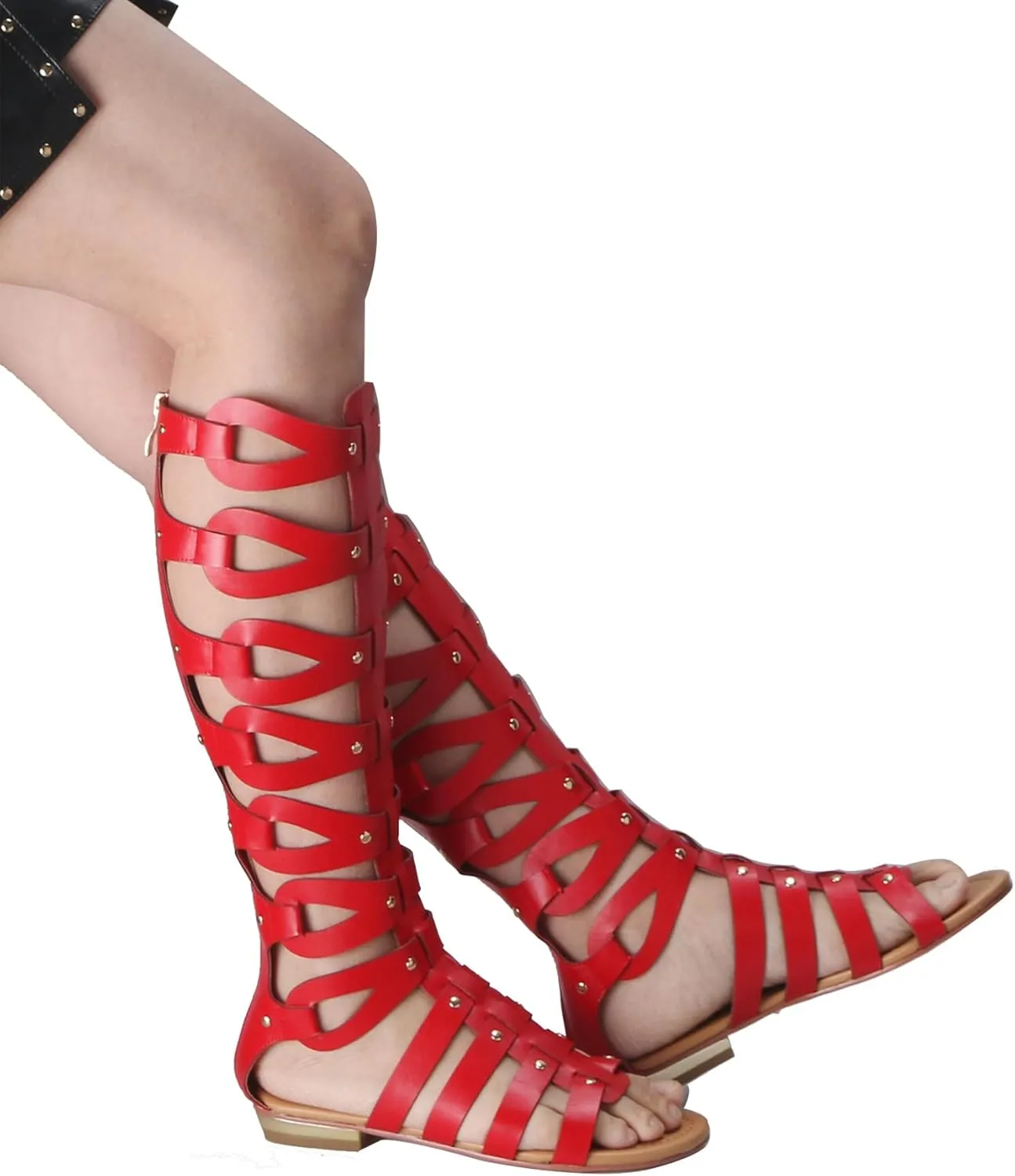 Minishion Womens Gladiator Sandals Flat Knee High Summer Dress Boots with Zip TM001