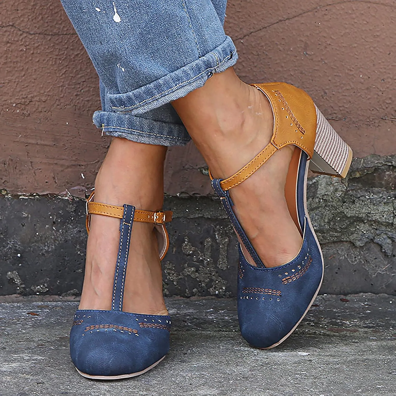 oiangi Chunky Heel Sandals for Women Summer Casual Fashion T Strap Cap Toe Hollow Buckle High-heeled Shoes Trendy Color Block Office Square Heel Sandals