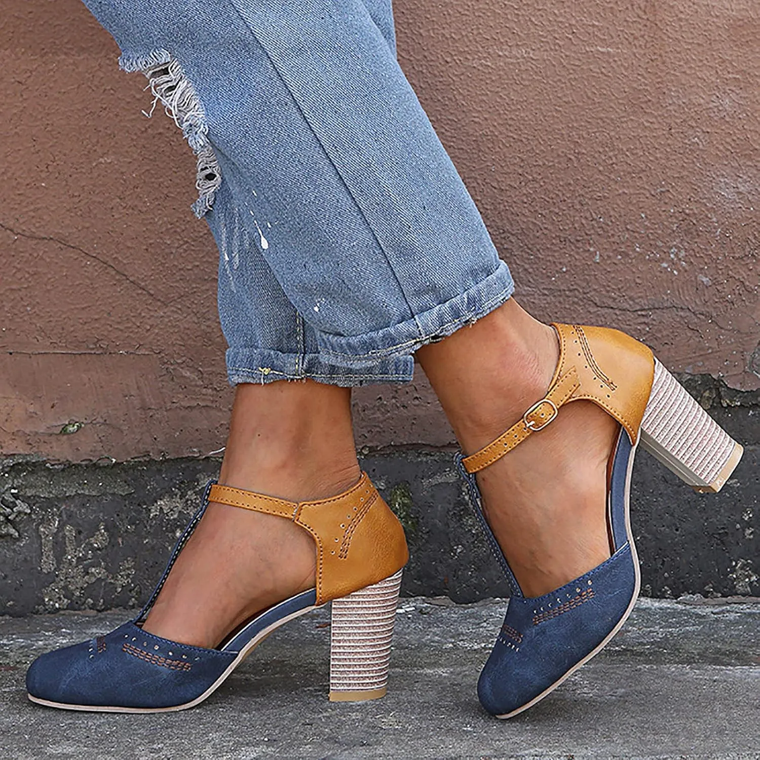 oiangi Chunky Heel Sandals for Women Summer Casual Fashion T Strap Cap Toe Hollow Buckle High-heeled Shoes Trendy Color Block Office Square Heel Sandals