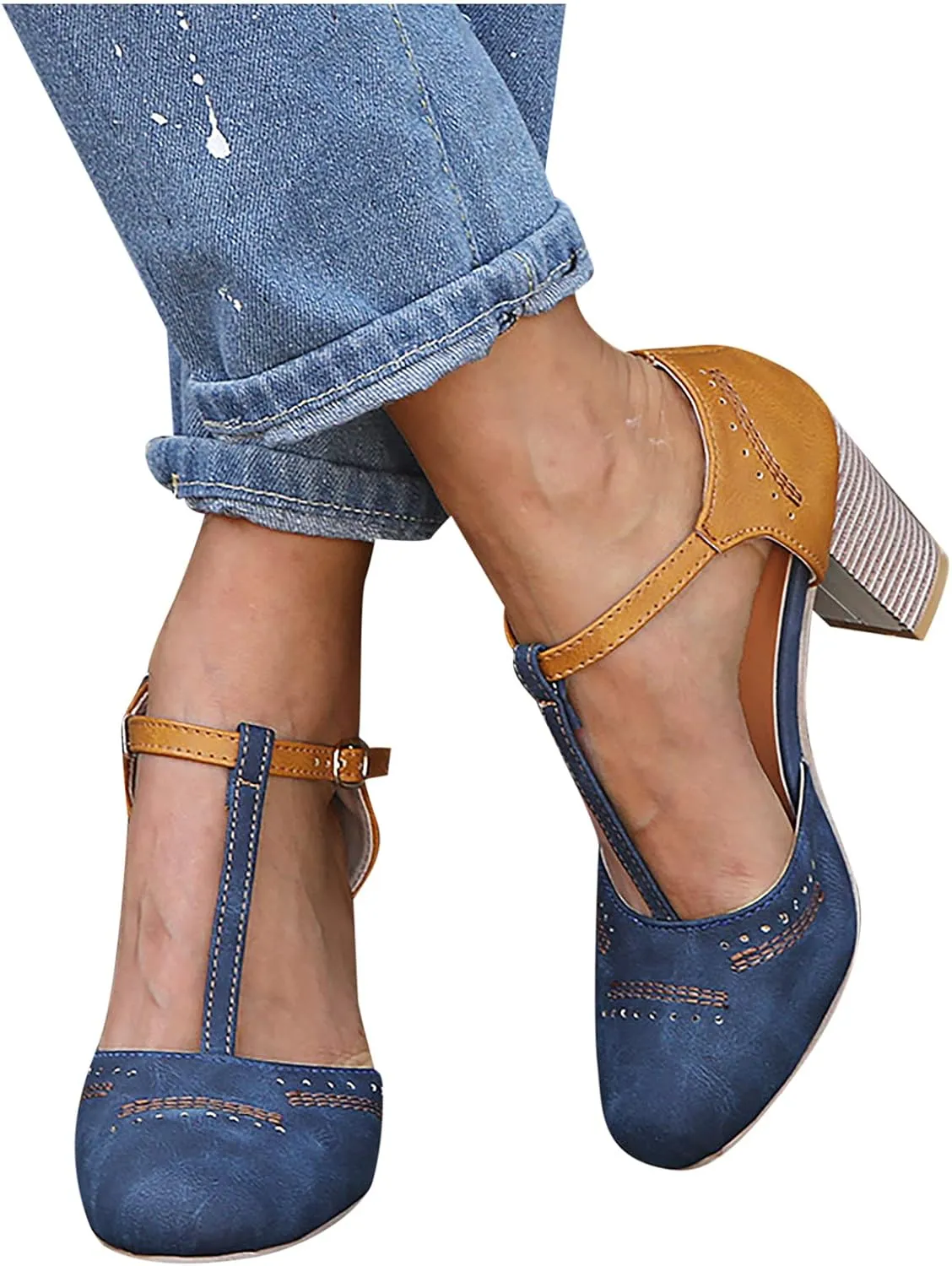 oiangi Chunky Heel Sandals for Women Summer Casual Fashion T Strap Cap Toe Hollow Buckle High-heeled Shoes Trendy Color Block Office Square Heel Sandals