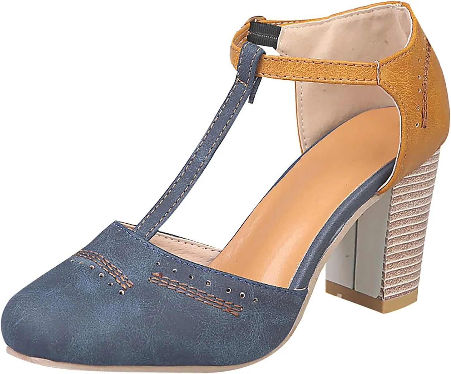 oiangi Chunky Heel Sandals for Women Summer Casual Fashion T Strap Cap Toe Hollow Buckle High-heeled Shoes Trendy Color Block Office Square Heel Sandals