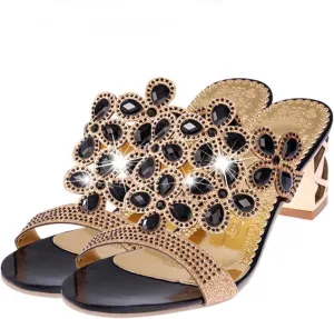 oiangi Sparkly Rhinestone Sandals for Women,Fashion Flip Flops Open Toe High Heel Pump Sandals,Casual Block Heel Sandal