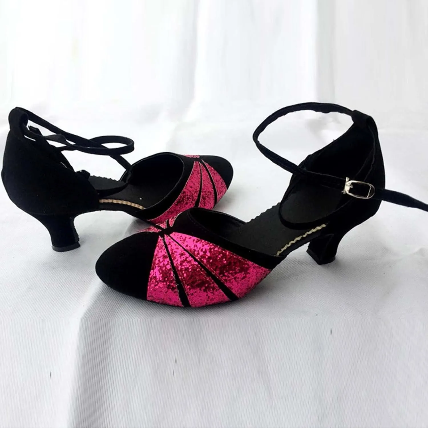 oiangi Women's Satin Latin Dance Shoes 2023 Summer Fashion Closed Toe Ankle Straps Buckle Heeled Sandals Ballroom Salsa Tango Party Sequin Dance Shoes