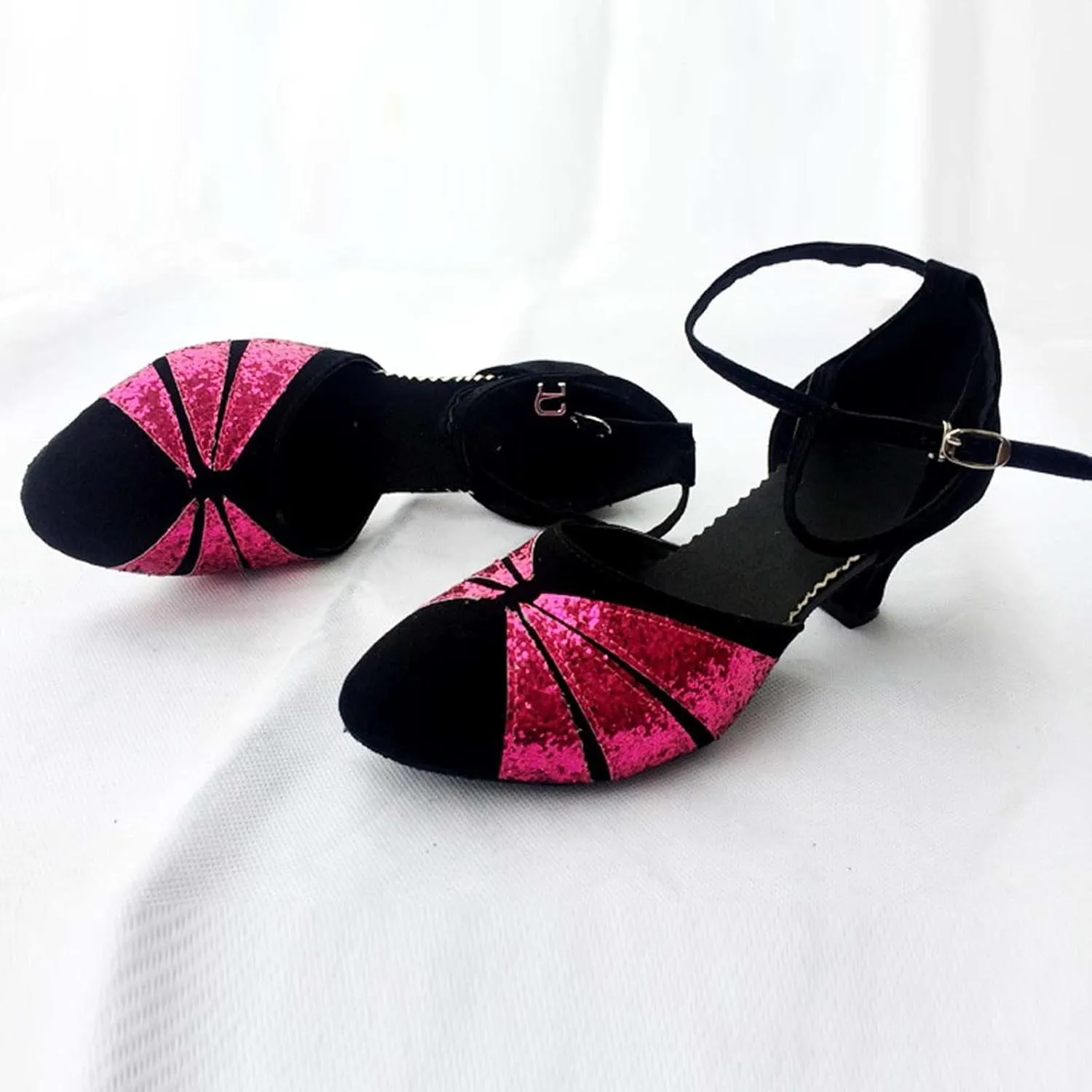 oiangi Women's Satin Latin Dance Shoes 2023 Summer Fashion Closed Toe Ankle Straps Buckle Heeled Sandals Ballroom Salsa Tango Party Sequin Dance Shoes