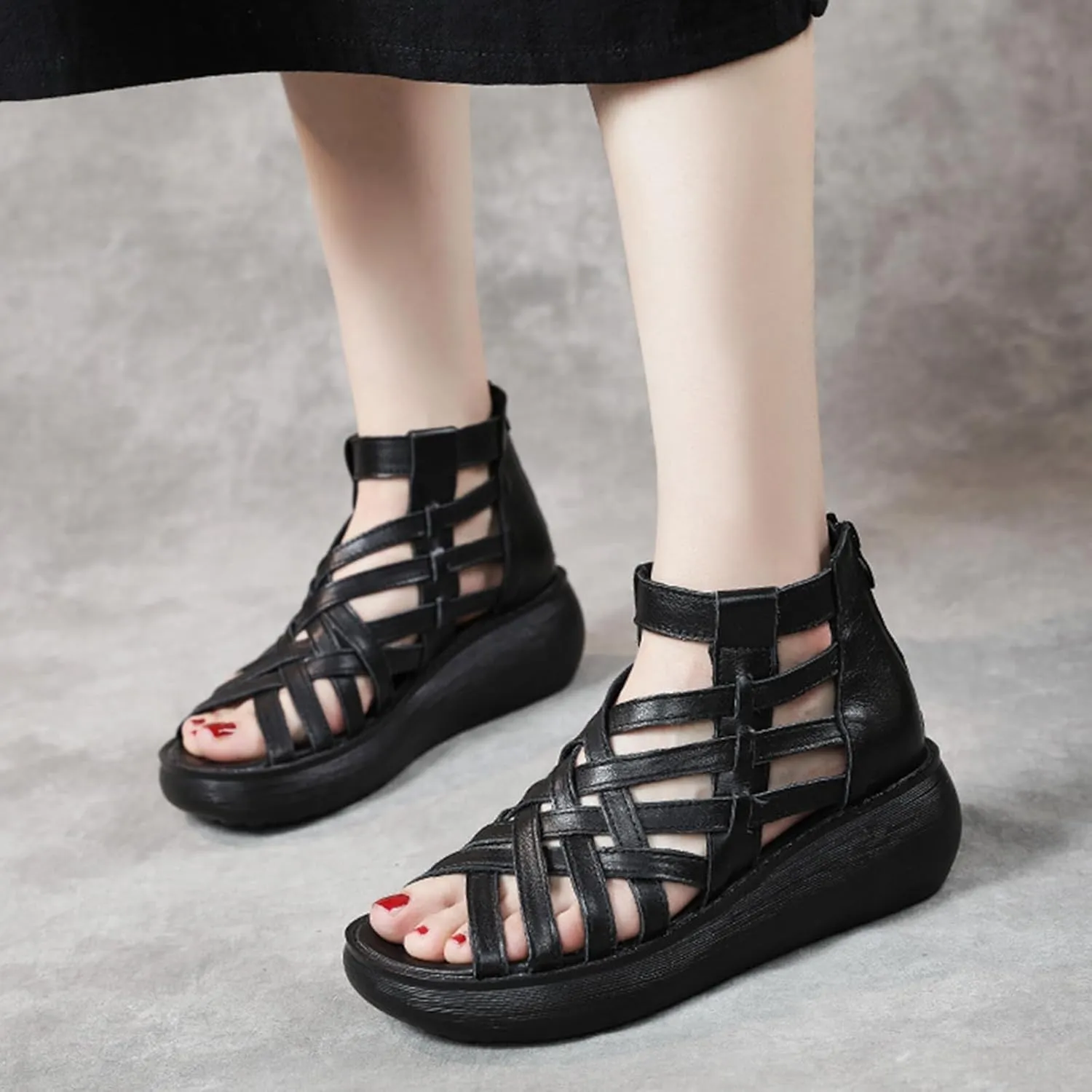 Optigard Women's High Top Leather Gladiator Wedge Sandals with Back Zipper Cut Out Breathable Platform Open Toe Roman Sandals Summer Casual Non-Slip Walking Beach Sandals