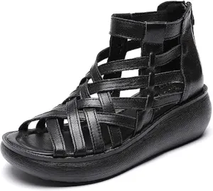 Optigard Women's High Top Leather Gladiator Wedge Sandals with Back Zipper Cut Out Breathable Platform Open Toe Roman Sandals Summer Casual Non-Slip Walking Beach Sandals