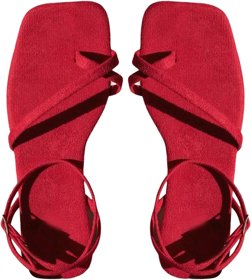OYOANGLE Women's Criss Cross Toe Post Ankle Strap Sandals Square Open Toe Gladiator Sandals
