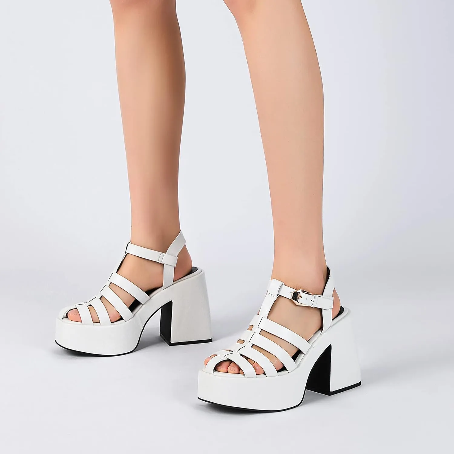 Platform Gladiator Sandals for Women, Strappy Y2K Chunky Heeled Sandals with Square Toe and Fisherman T-Strap