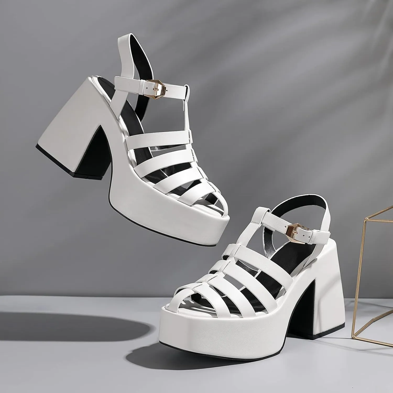 Platform Gladiator Sandals for Women, Strappy Y2K Chunky Heeled Sandals with Square Toe and Fisherman T-Strap