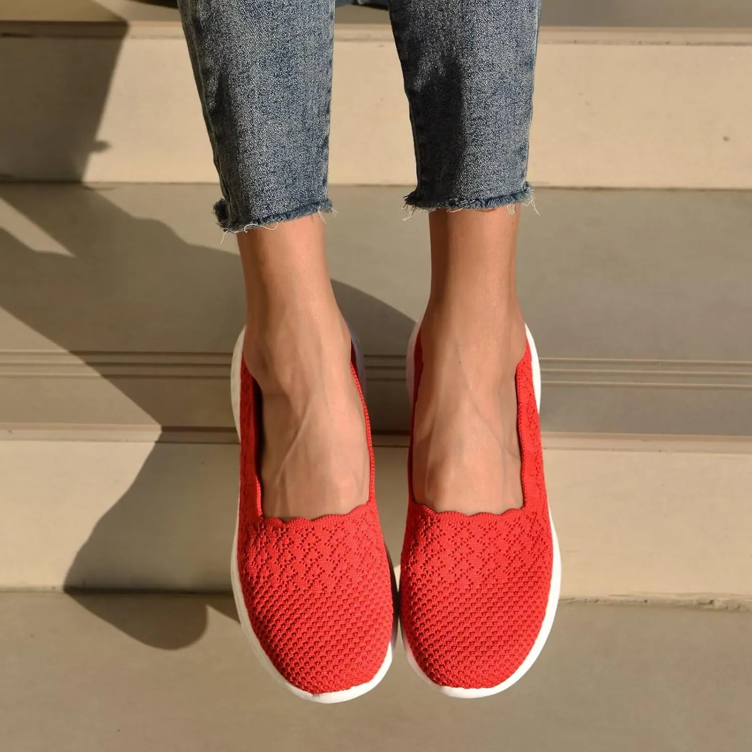 poemlady Women's Slip on Loafer Shoes - Mesh Casual Ballet Flat Nurse Walking Sneakers Knit Round Toe Memory Foam Casual Shoes
