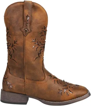 ROPER Womens Kennedy Glitter Tooled Inlay Square Toe Pull On Casual Boots Mid Calf Low Heel 1-2" - Brown