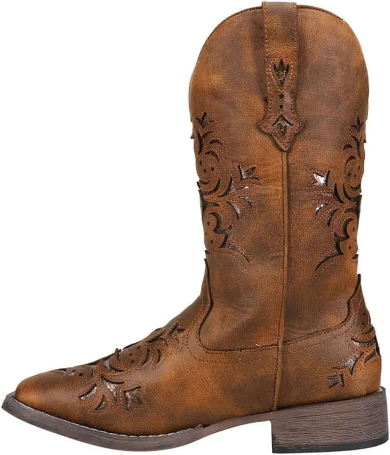 ROPER Womens Kennedy Glitter Tooled Inlay Square Toe Pull On Casual Boots Mid Calf Low Heel 1-2" - Brown