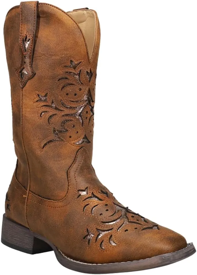 ROPER Womens Kennedy Glitter Tooled Inlay Square Toe Pull On Casual Boots Mid Calf Low Heel 1-2" - Brown