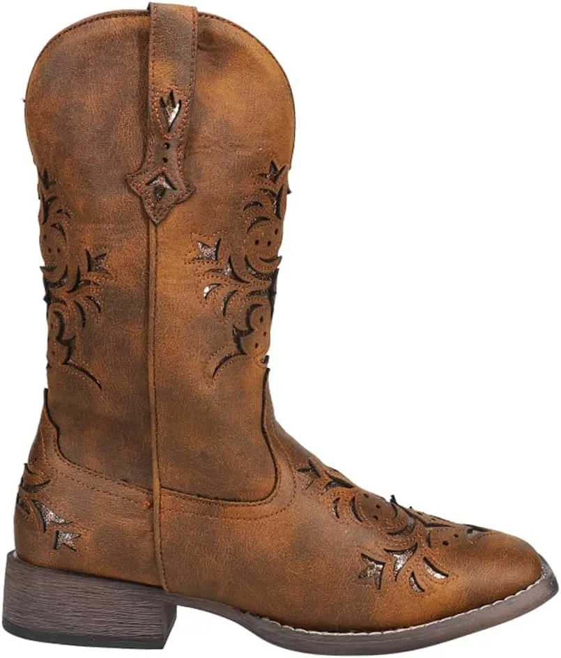 ROPER Womens Kennedy Glitter Tooled Inlay Square Toe Pull On Casual Boots Mid Calf Low Heel 1-2" - Brown
