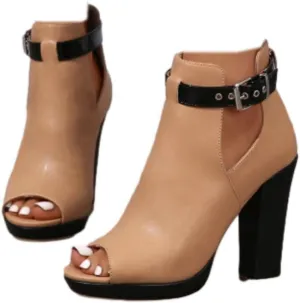 SACFOF Women's Cutout Peep Toe Stacked Chunky Heels Sandals Summer Ankle Strap Buckle High Heel Booties