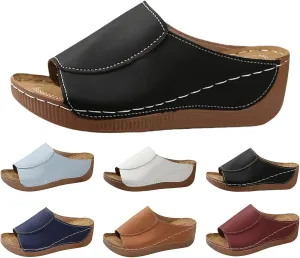Sandals for Women 2025 Comfortable Arch Support Slides Summer Platform Wedge Sandals Solid Color Breathable Orthotic Leather Shoes Casual Slip on All Day Walking Sandal