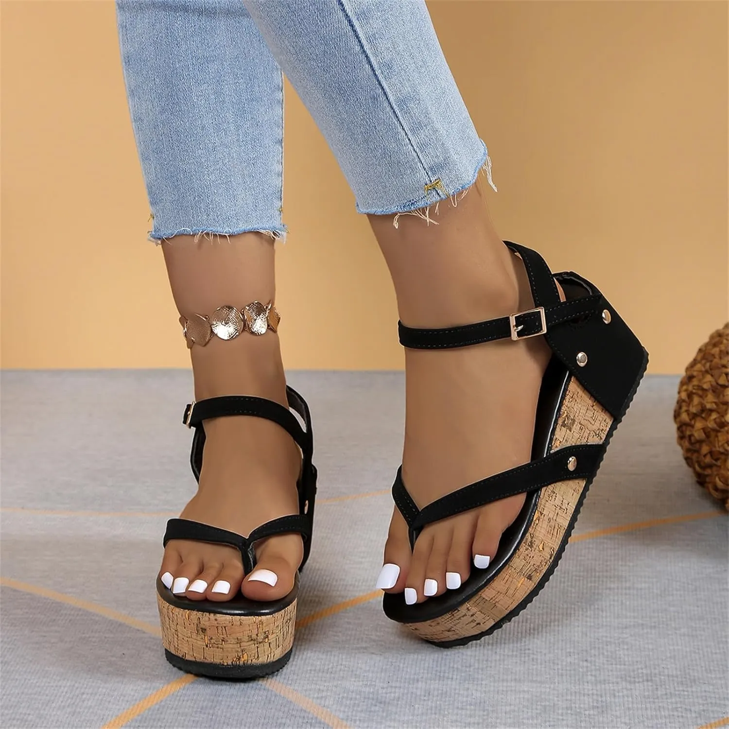 Sandals For Womens Cork Foot bed Wedge Thong Sandals Buckle Adjustable Platform Heels Dress Beach Flip-Flop