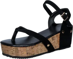 Sandals For Womens Cork Foot bed Wedge Thong Sandals Buckle Adjustable Platform Heels Dress Beach Flip-Flop