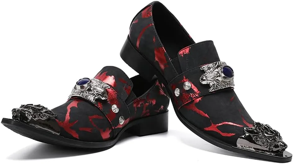 Santimon Men's Dress Shoes Suede Leather Multicolored Dragon Metal Tip Single Strap Gold Crystals Bead Wedding Formal Loafers
