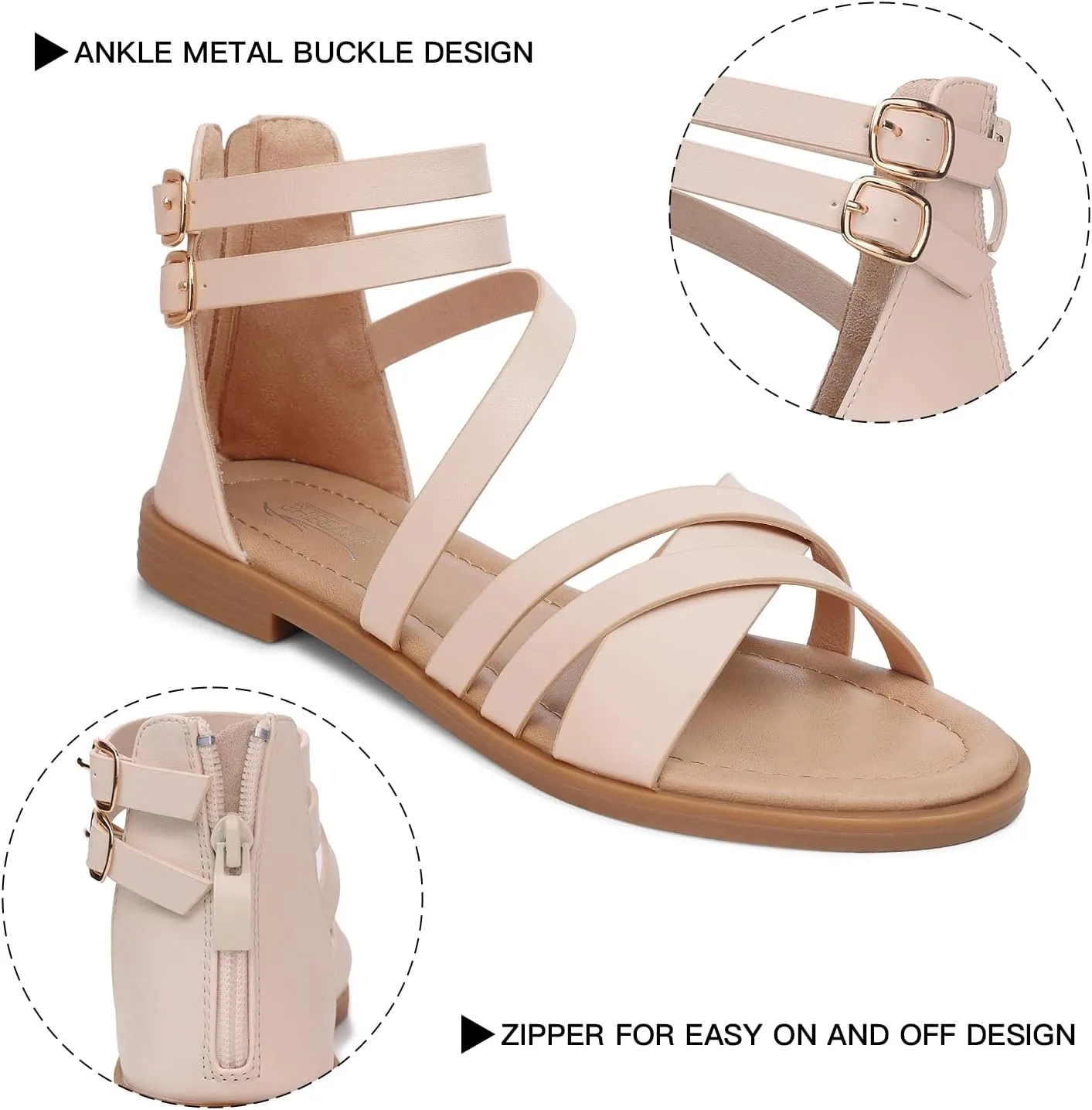 SHIBEVER Gladiator Strappy Sandals for Women: Dressy Summer Comfortable Flat, Back Zipper Roman Comfy Womens Sandals