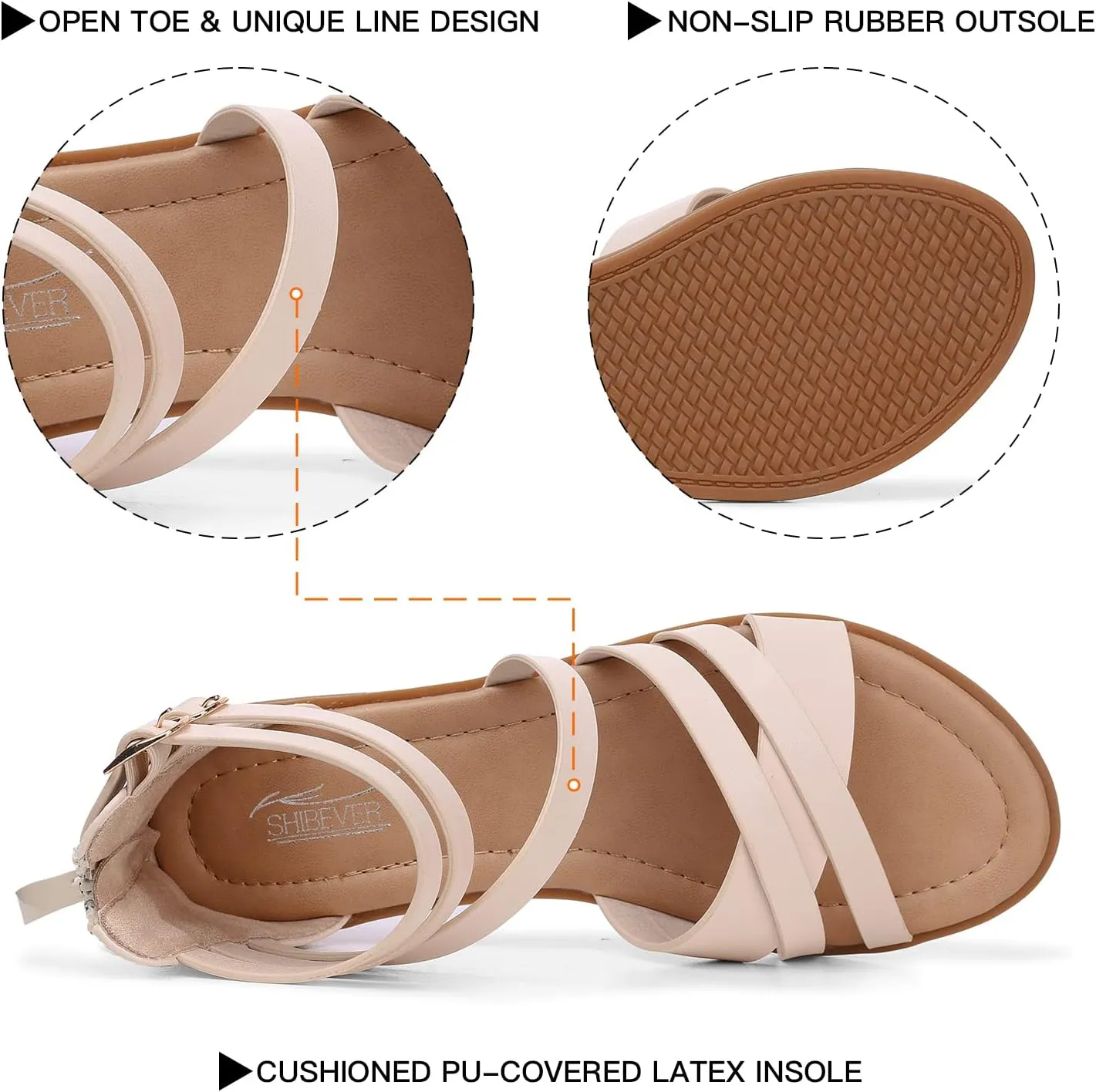 SHIBEVER Gladiator Strappy Sandals for Women: Dressy Summer Comfortable Flat, Back Zipper Roman Comfy Womens Sandals