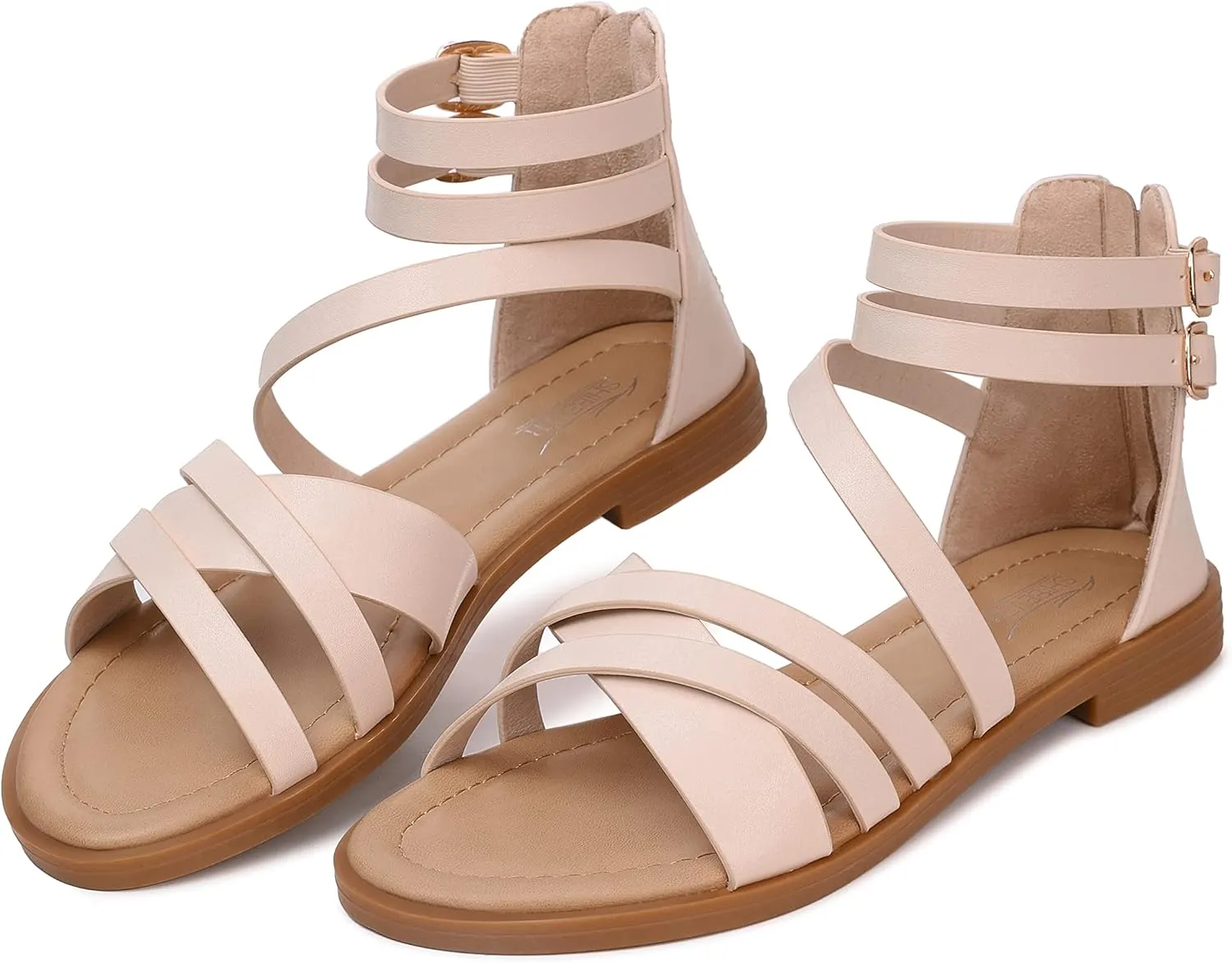 SHIBEVER Gladiator Strappy Sandals for Women: Dressy Summer Comfortable Flat, Back Zipper Roman Comfy Womens Sandals