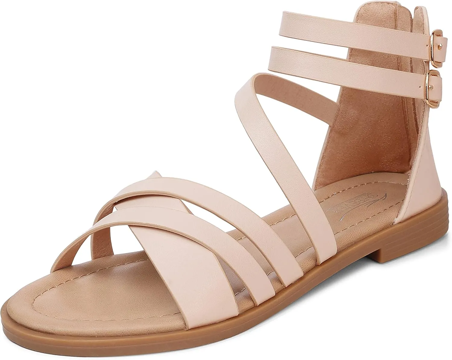 SHIBEVER Gladiator Strappy Sandals for Women: Dressy Summer Comfortable Flat, Back Zipper Roman Comfy Womens Sandals