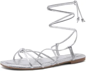 Shoe Land Flashh Women's Flat Strappy Lace Up Sandal Open Toe Comfortable Dressy Gladiator Sandals Tie up Ankle Strap Shoes for Summer