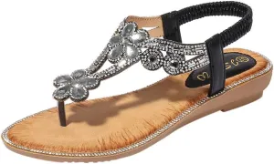 Summer Sandals For Women 2025,Women's Flat Sandals,Rhinestones Elastic Flip Flops Thong Strappy String T-Strap Crystal Ankle Strap Flowers Sparkly Dressy Wedges Beach Glitter Slides Boho Outdoor Shoes