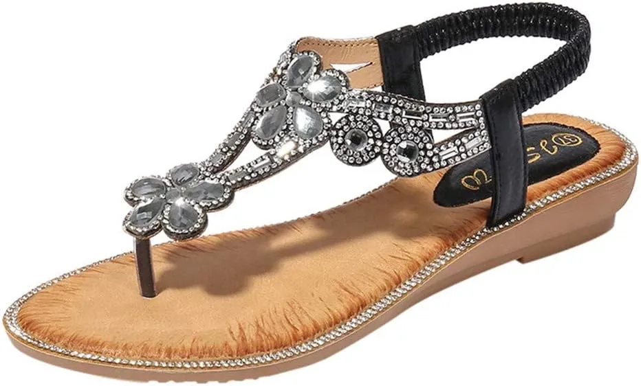 Summer Sandals For Women 2025,Women's Flat Sandals,Rhinestones Elastic Flip Flops Thong Strappy String T-Strap Crystal Ankle Strap Flowers Sparkly Dressy Wedges Beach Glitter Slides Boho Outdoor Shoes
