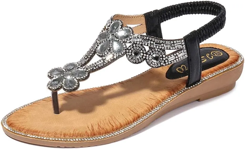 Summer Sandals For Women 2025,Women's Flat Sandals,Rhinestones Elastic Flip Flops Thong Strappy String T-Strap Crystal Ankle Strap Flowers Sparkly Dressy Wedges Beach Glitter Slides Boho Outdoor Shoes