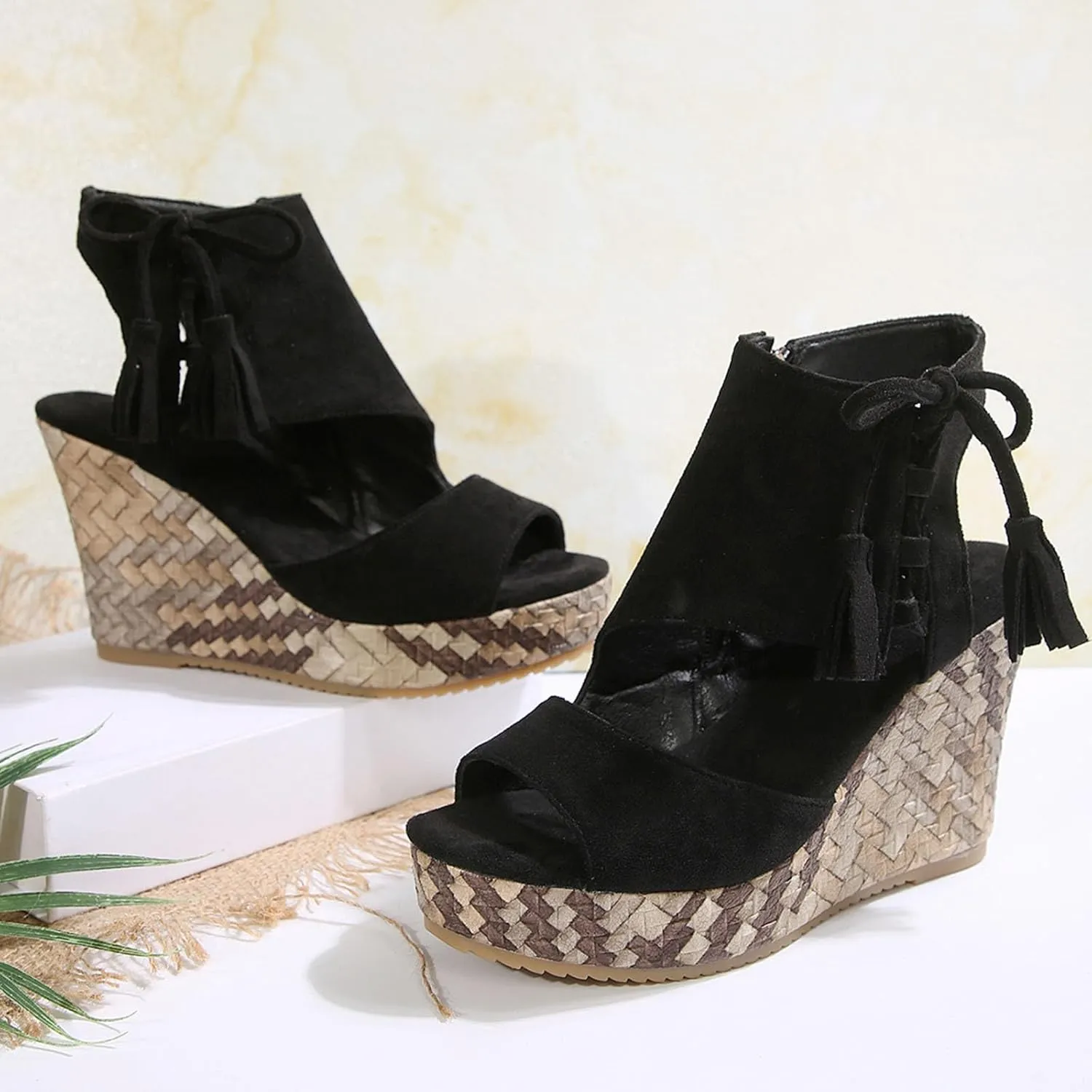 Tassel High Wedge Sandals Open Toe Espadrilles Sandal Comfortable Dressy Ankle Strap Platform Shoes Suitable Boho Beach Summer Shoe