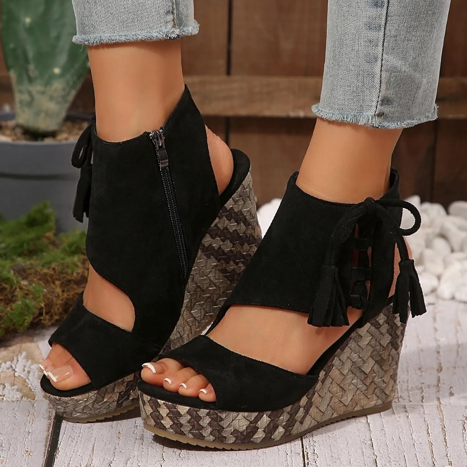 Tassel High Wedge Sandals Open Toe Espadrilles Sandal Comfortable Dressy Ankle Strap Platform Shoes Suitable Boho Beach Summer Shoe