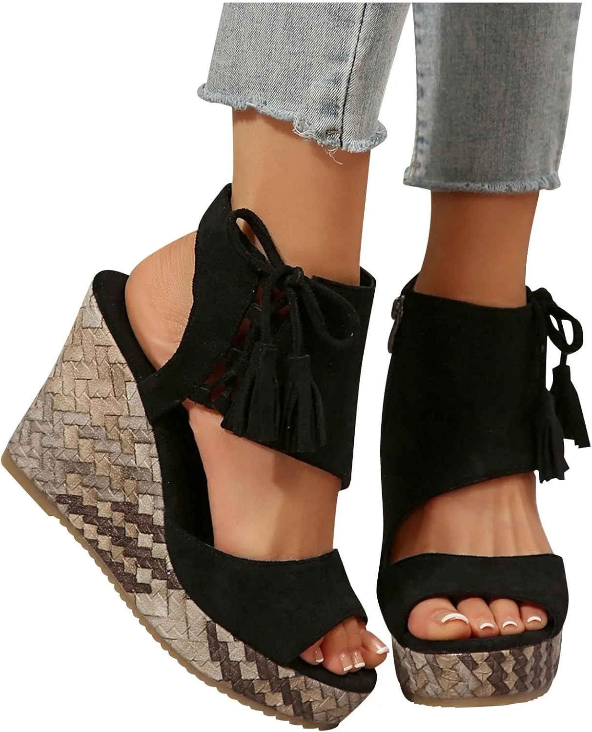 Tassel High Wedge Sandals Open Toe Espadrilles Sandal Comfortable Dressy Ankle Strap Platform Shoes Suitable Boho Beach Summer Shoe
