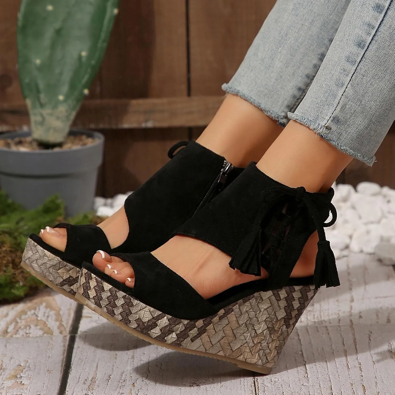 Tassel High Wedge Sandals Open Toe Espadrilles Sandal Comfortable Dressy Ankle Strap Platform Shoes Suitable Boho Beach Summer Shoe
