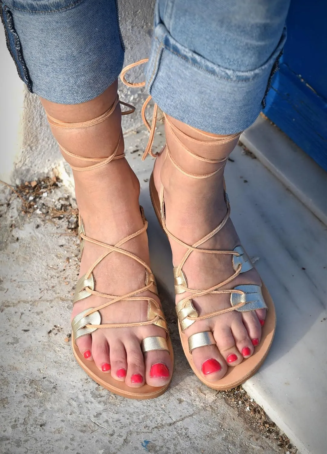 Tie Up Greek leather Sandals, Black Ankle wrap flat Sandals, Toe ring Lace up shoes women, Summer leather Shoes, Gladiator Sandals, Handmade (US10, Gold)