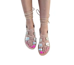 Tie Up Greek leather Sandals, Black Ankle wrap flat Sandals, Toe ring Lace up shoes women, Summer leather Shoes, Gladiator Sandals, Handmade (US10, Gold)