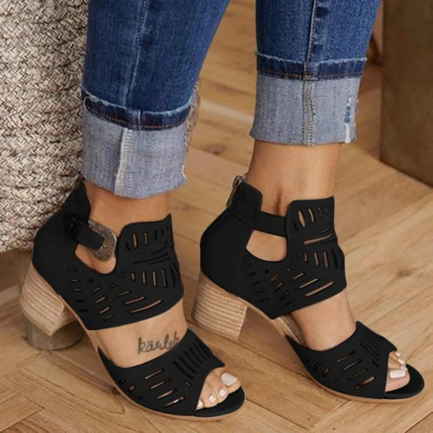 UOQAPRE Chunky Heeled Sandals for Womens Bohemian Cutout Open Toe Summer Block Womens Heeled Party Dress Sandals