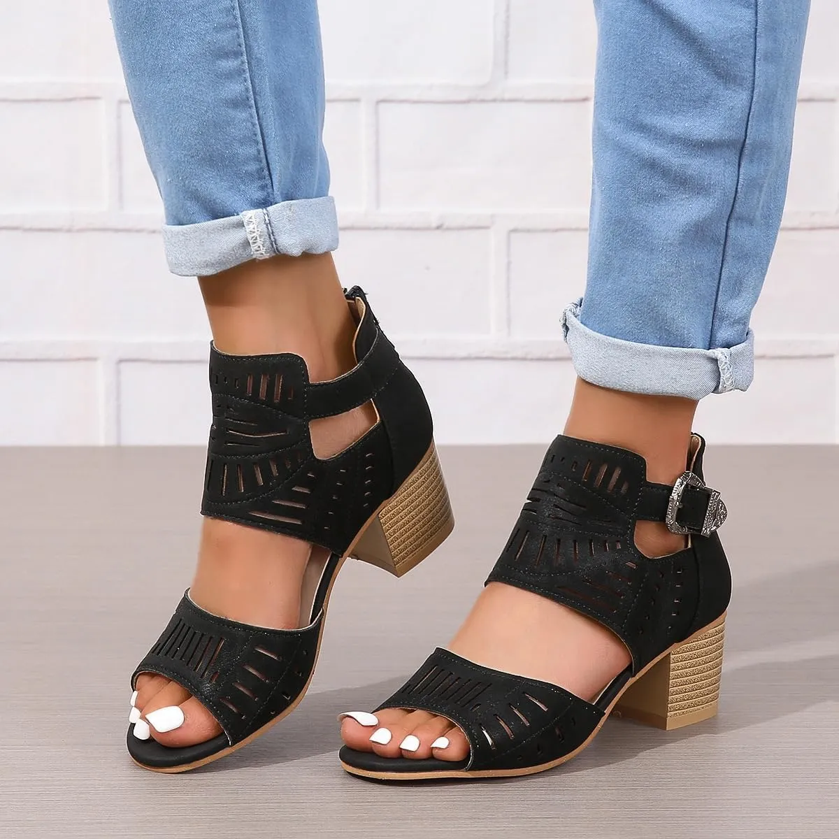 UOQAPRE Chunky Heeled Sandals for Womens Bohemian Cutout Open Toe Summer Block Womens Heeled Party Dress Sandals