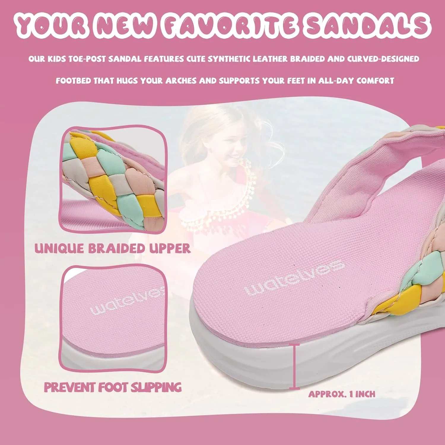 WateLves Girls Flip Flops Non-Slip Casual Thong Sandals Summer Sandal Shoes for Beach Swim Pool (Little Kid/Big Kid)