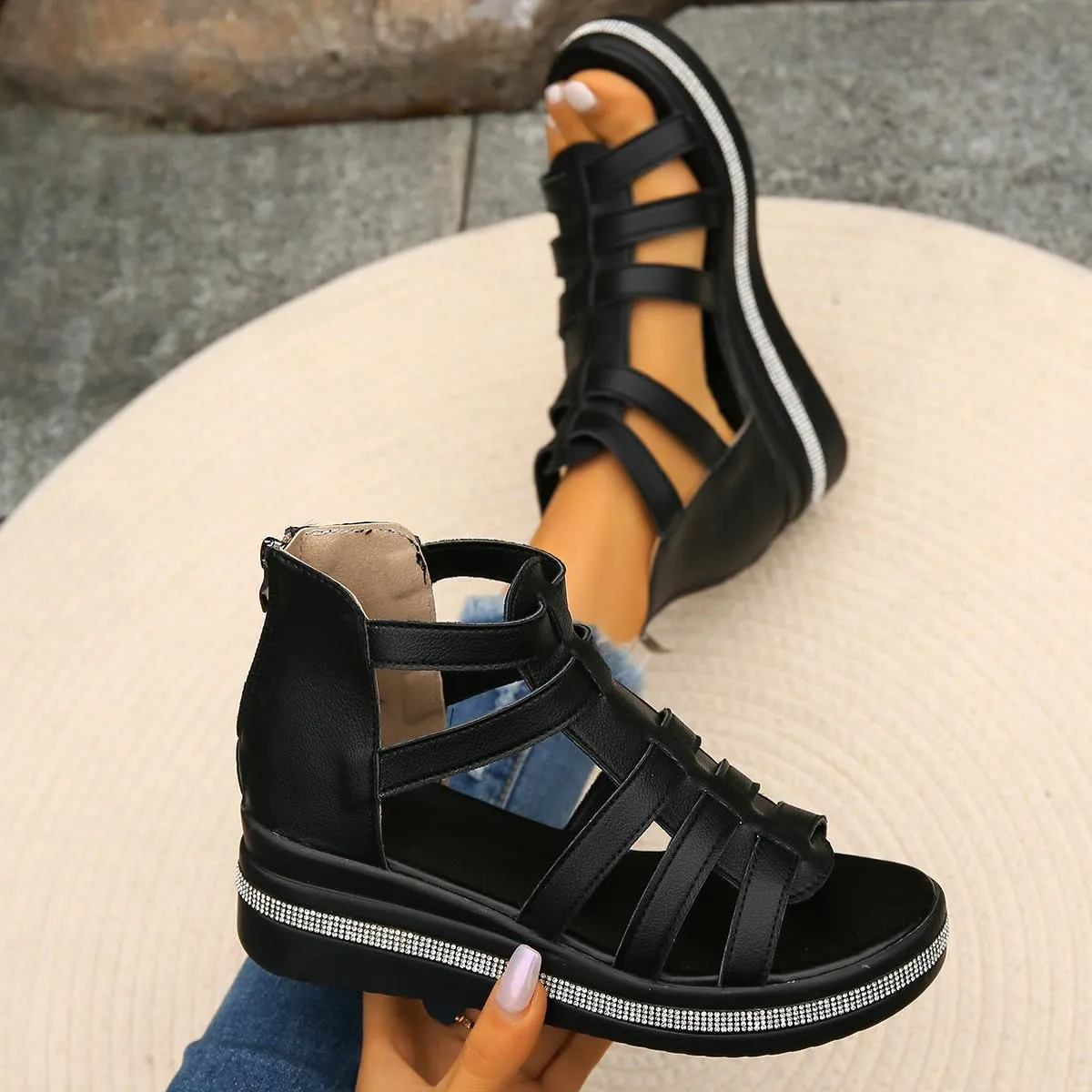 Wedge Gladiator Sandals for Women, Comfort Sandals for Women, Casual Walking Sandals, Women Platform Sandals (Black,7.5-8)