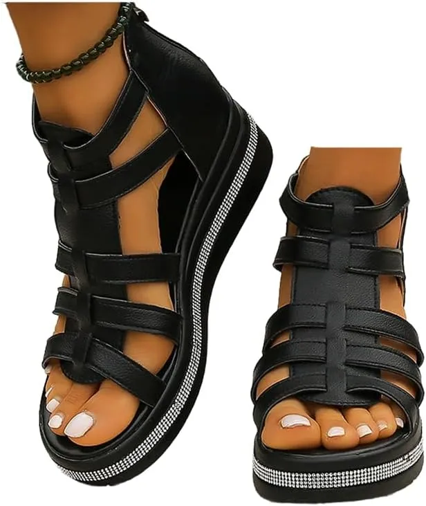 Wedge Gladiator Sandals for Women, Comfort Sandals for Women, Casual Walking Sandals, Women Platform Sandals (Black,7.5-8)