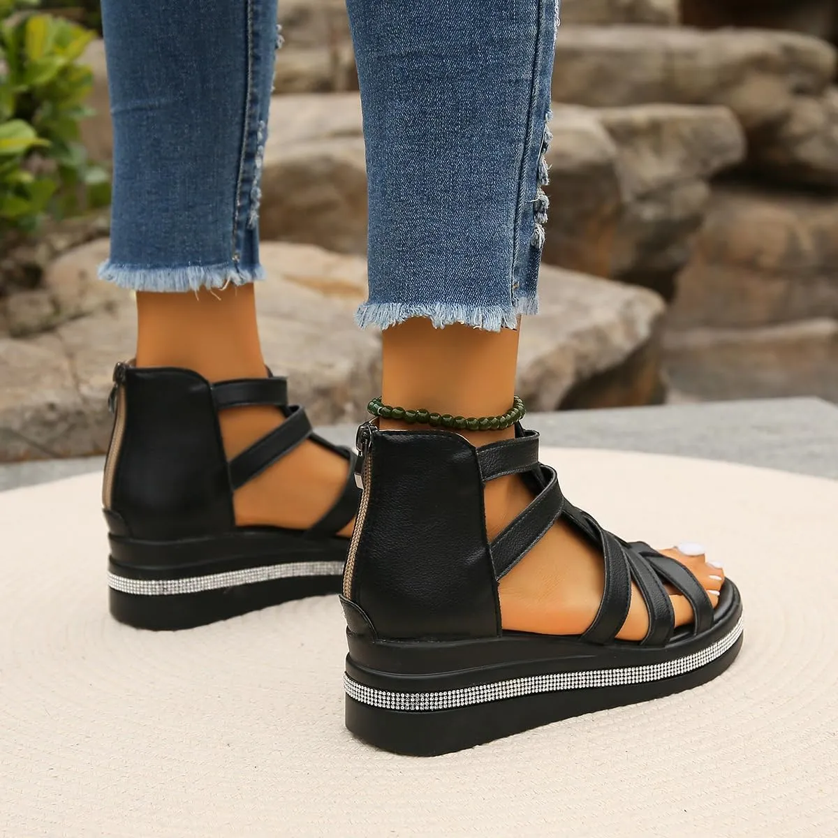 Wedge Gladiator Sandals for Women, Comfort Sandals for Women, Casual Walking Sandals, Women Platform Sandals (Black,7.5-8)