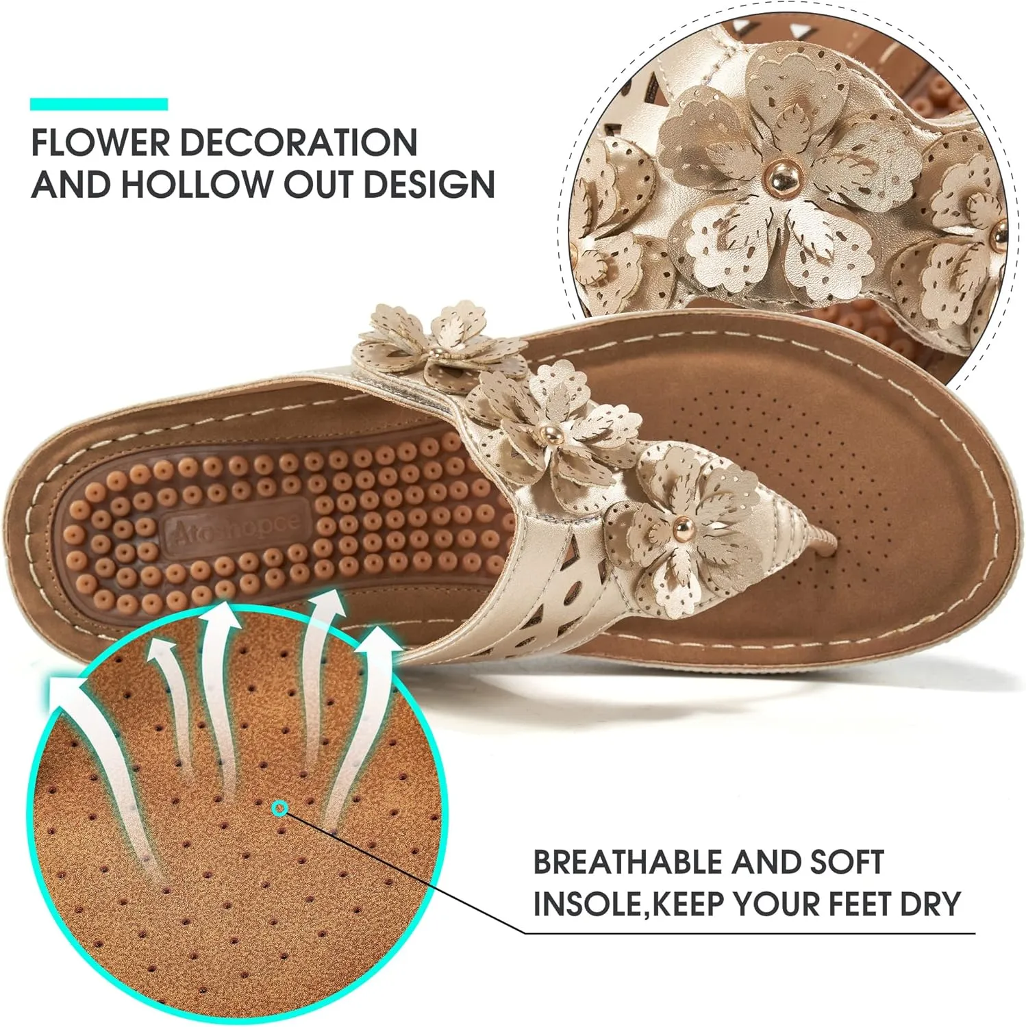 Wedge Sandals for Women Flip-Flops: Adjustable Hook Loop Causal Flower Summer Womens Sandals Comfortable Cushion Women's Flip Flops