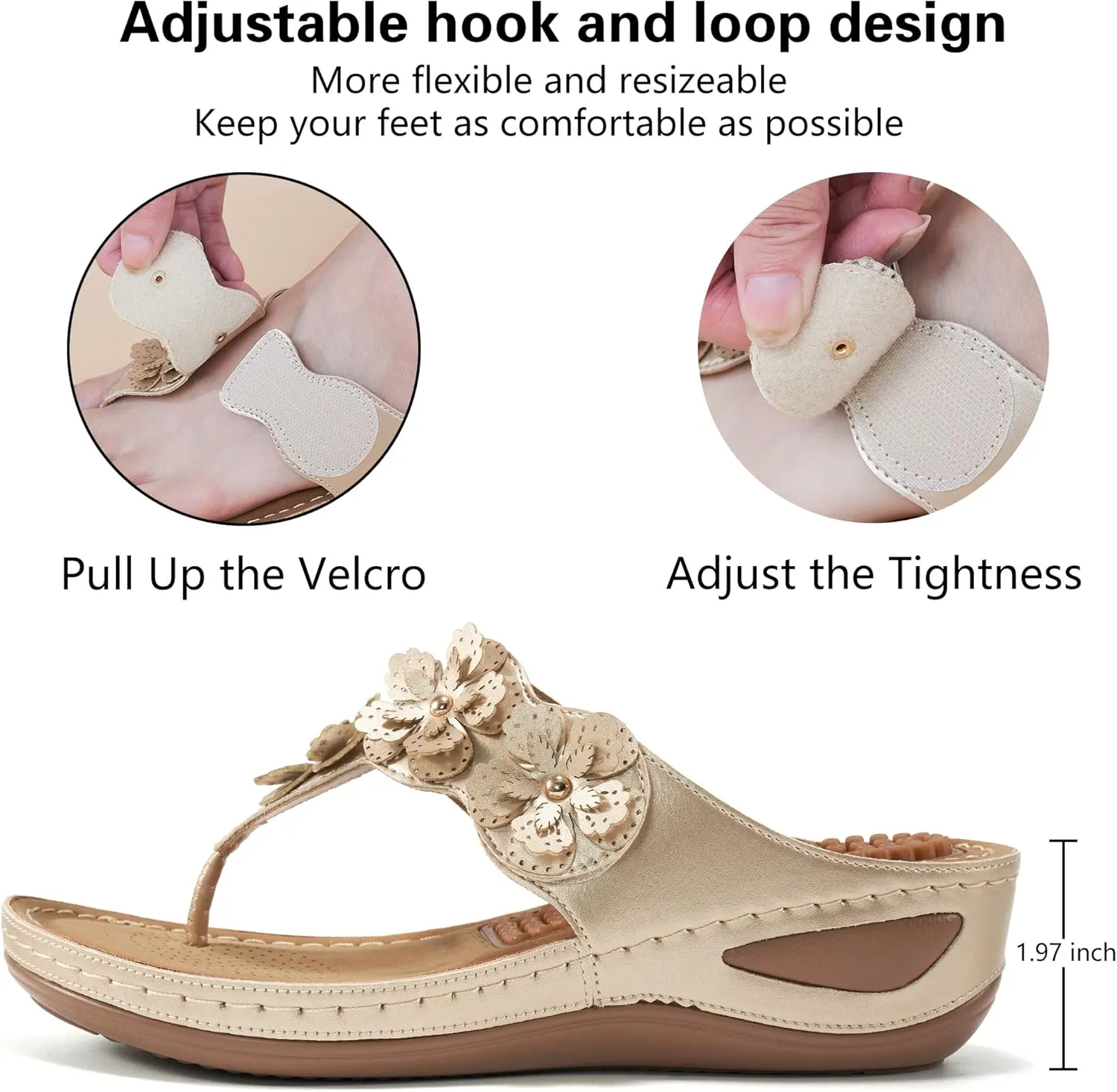 Wedge Sandals for Women Flip-Flops: Adjustable Hook Loop Causal Flower Summer Womens Sandals Comfortable Cushion Women's Flip Flops