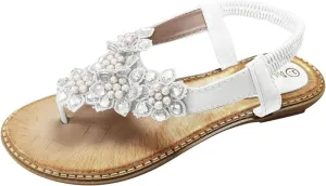 Women Sandal Flowers Pearl Party Dress Shoes Elastic Ankle Strap Open Toe Flip Flops Summer Clip Toe Sandals