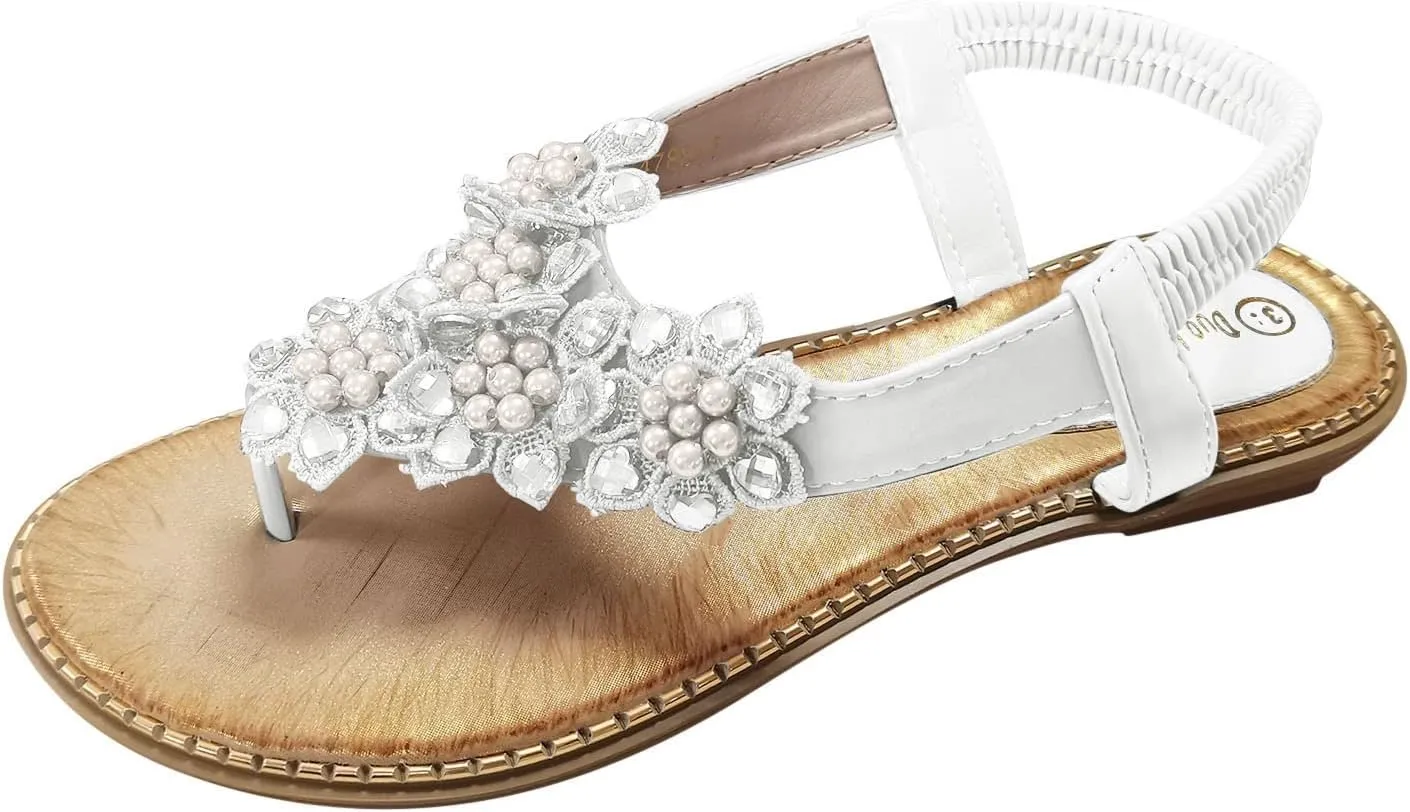 Women Sandal Flowers Pearl Party Dress Shoes Elastic Ankle Strap Open Toe Flip Flops Summer Clip Toe Sandals
