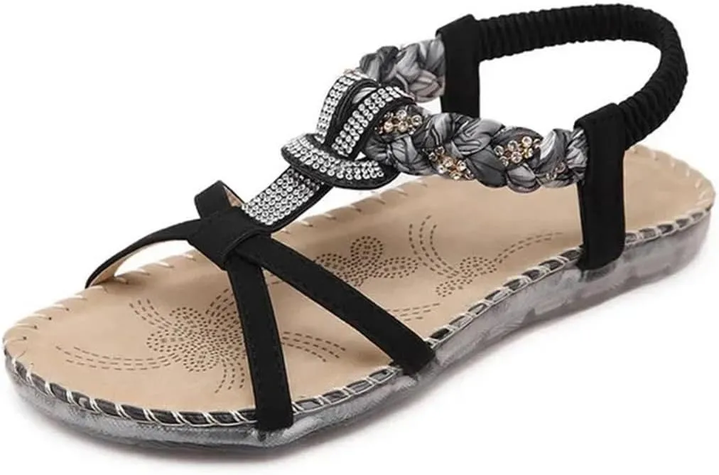 Womens Buckle Strap Back Strap Flat Heel Open Side Vamp Gladiator Sandals PU Upper Rhinestone Bohemian Ethnic Beach Casual Sandals